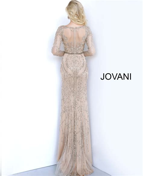Jovani Nude Silver Long Sleeve Beaded Evening Dress