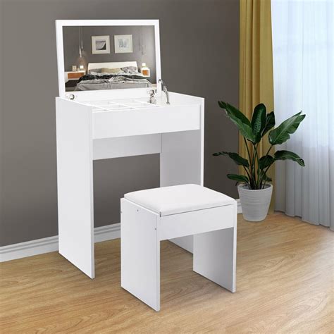 Veryke Makeup Vanity Set With Cushioned Stool Wooden Vanity Table For