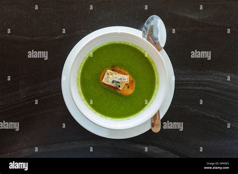 Broccoli Soup Gordon Ramsay Style At A Cafe On Slate Stock Photo Alamy
