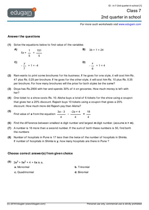 And algebraic expressions, equations and inequalities. Grade 7 Math Worksheets and Problems: 2nd quarter in ...