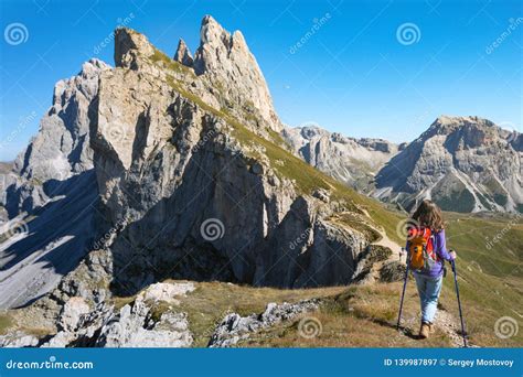 Tourist Girl At The Dolomites Stock Image Image Of Journey Path