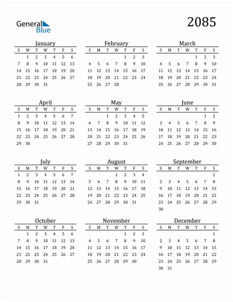 Year 2085 Free Printable 12 Month Calendar