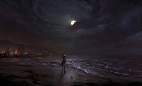 Art Sea Waves Night Moon Girl Sand Beach Walk Hd Wallpaper
