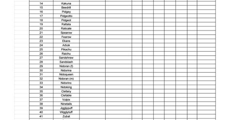 Advanced National Pokedex Tracker Spreadsheet Pokémon Arceus Pokedex Checklist