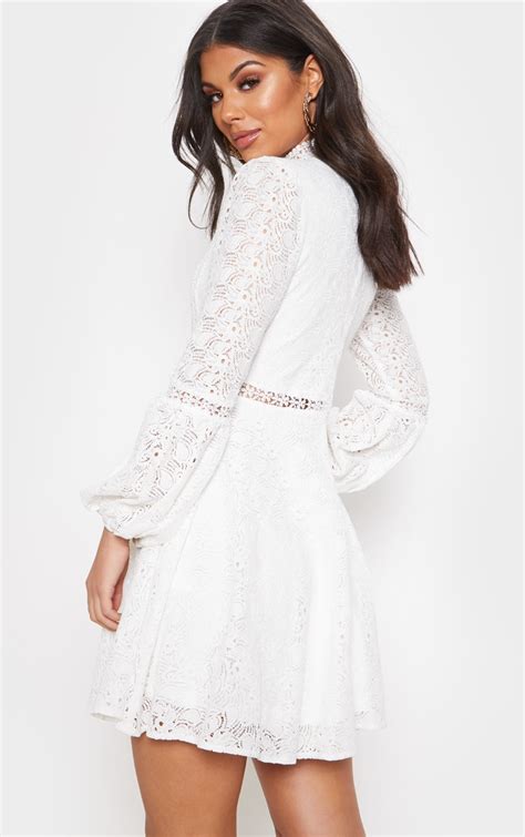 White Lace Long Sleeve Skater Dress Prettylittlething Sa