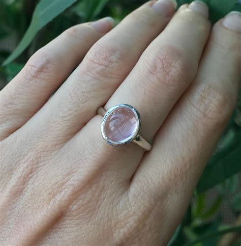 oval rose quartz ring rose gold pink ring pink gemstone bezel ring stackable smooth stone