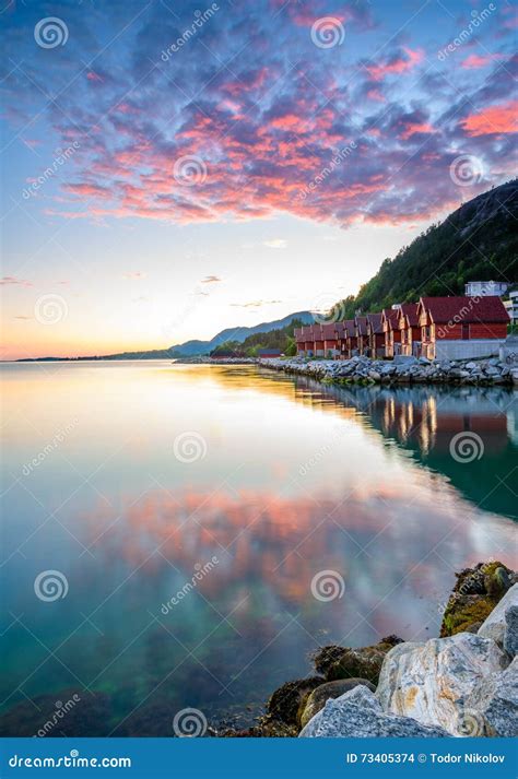Beautiful Norwegian Sunset By The Coast Of Jorpeland Norway Stock