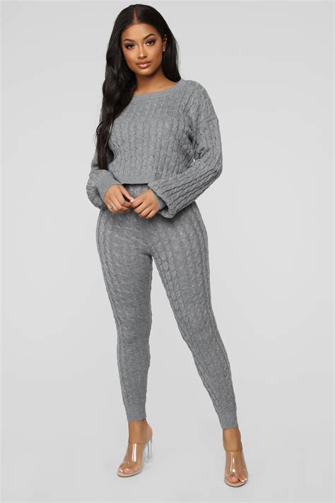 Sweater Sweetie Pant Set Heather Grey Pants Set Grey Cable Knit Sweater Sweater And Shorts