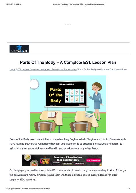 Solution Parts Of The Body A Complete Esl Lesson Plan Games4esl