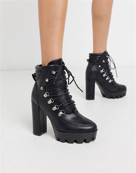 missguided high heeled lace up hiking boot in black asos