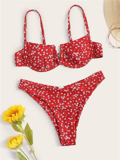 Ditsy Floral V Wired High Cut Bikini Swimsuit Romwe