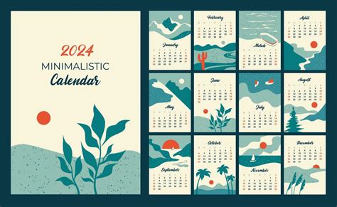 Minimalista Calendario De 2024 Hermosa Plano Paisajes Carteles En El