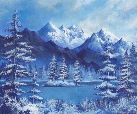 Snowy Blue Mountains With Pines Original Acrylic Alla Prima Landscape