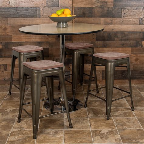 24 High Metal Counter Height Indoor Bar Stool With Wood Seat In Gun