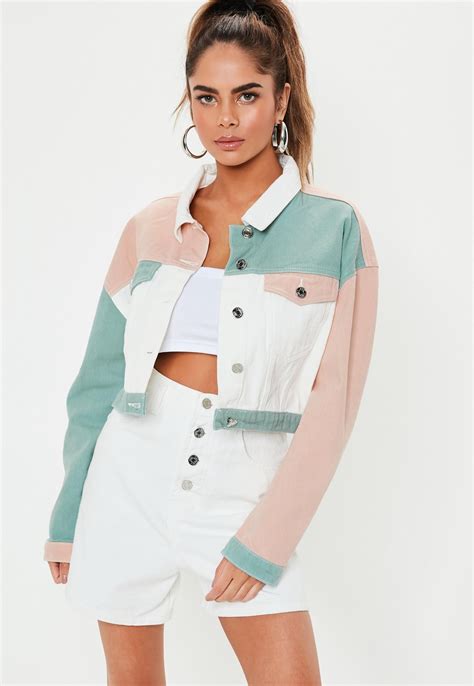 Missguided Pink Multicoloured Patchwork Cropped Denim Jacket In 2019