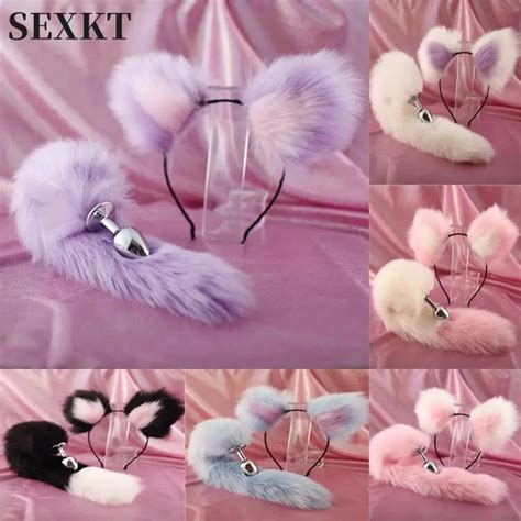 cute soft cat ears headbands with 40cm fox tail bow metal butt anal