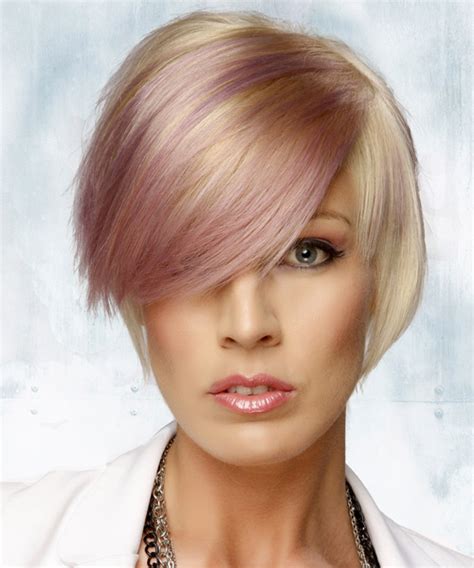 Short Straight Casual Hairstyle With Side Swept Bangs And Purple Two Tone