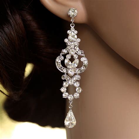 Rhinestone Chandelier Earrings Long Bridal Earrings Art Deco