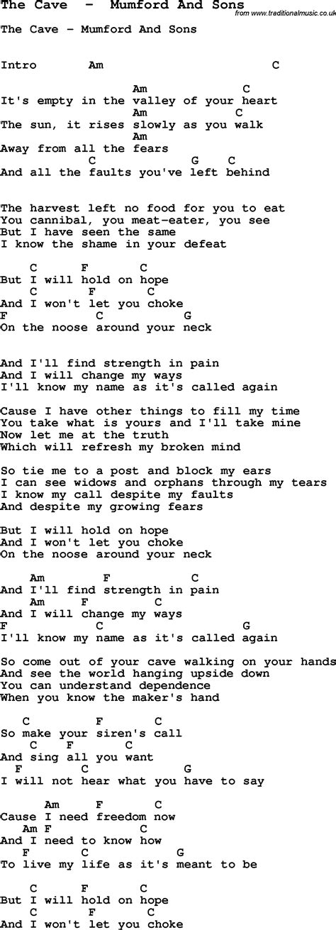Song The Cave By Mumford And Sons Song Lyric For Vocal Performance