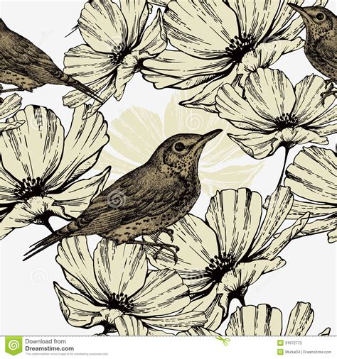 Drawings of flowers and birds hand drawn bird with flowers in. Seamless Pattern With Blooming Flowers And Singing Stock ...