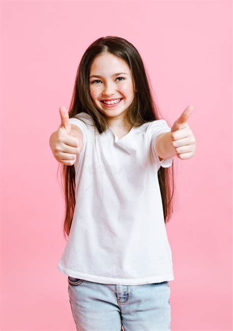 551 Portrait Adorable Smiling Little Girl Child Thumb Up Stock Photos