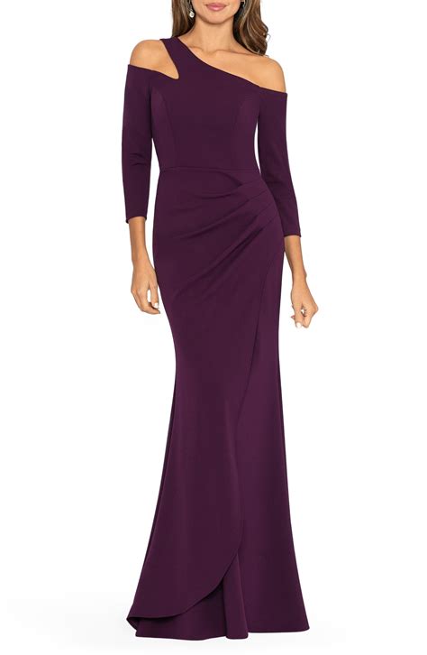 Xscape Off The Shoulder Three Quarter Sleeve Scuba Gown In Purple Lyst