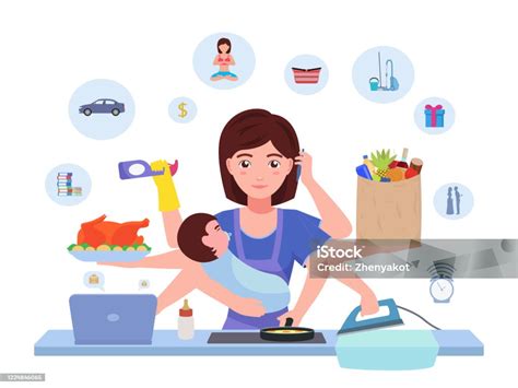 Cartoon Character Multitasking Busy Mom Stock Illustration Download