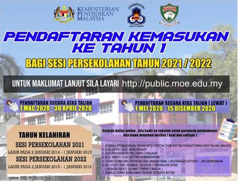 Pendaftaran murid tahun 1 secara online boleh dilakukan menerusi laman web modul. Pendaftaran Murid Tahun 1 Sesi Persekolahan 2021/2022 ...