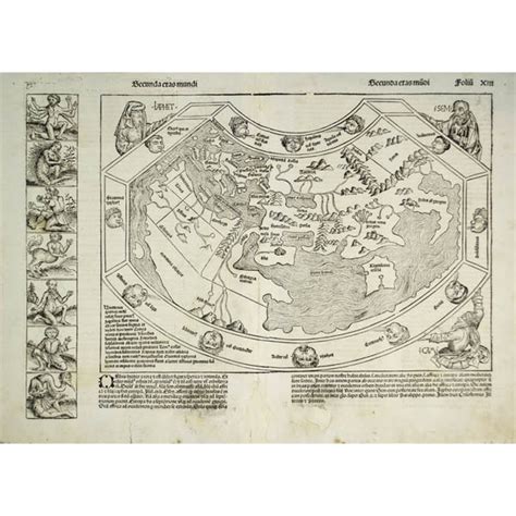 Map World Secunda Etas Mundi Hartmann Schedel Antique Woodblock