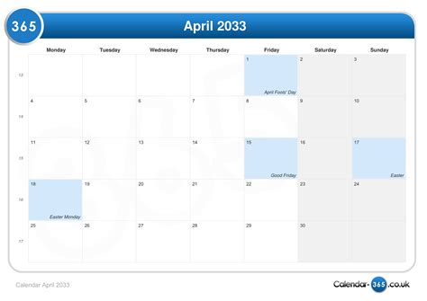 Calendar April 2033
