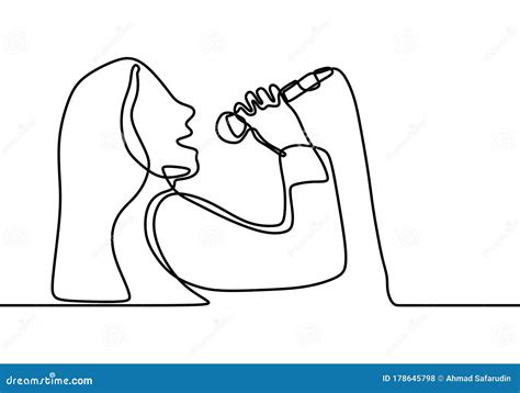 single line drawing a girl with long hair is singing into the microphone singing with holding