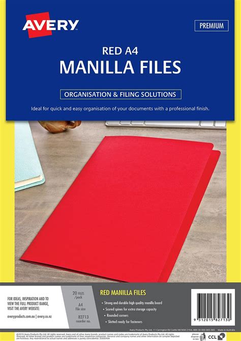 Manilla Folder Avery A4 Red Pack Of 20 Skout Office Supplies