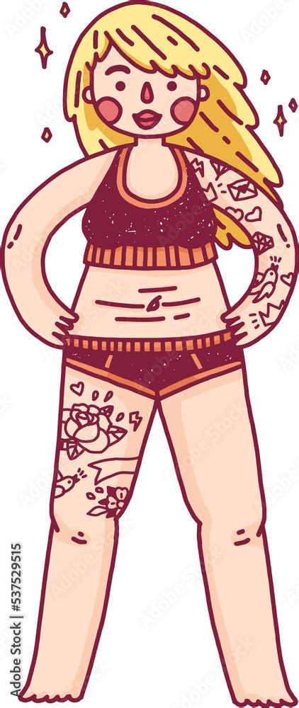 body positive plus size girl with tattoo cute woman character with belly folds in cartoon style