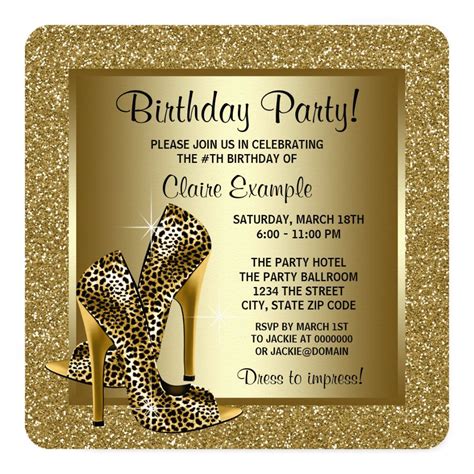 Black And Gold Leopard High Heel Birthday Party Invitation