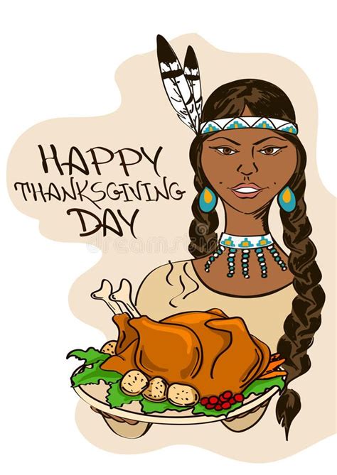 Thanksgiving Card With Native American Indian Girl Stock Vector Illustration Of Hand Brown