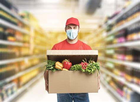Delivery Company Worker Holding Grocery Box Food Order Supermarket