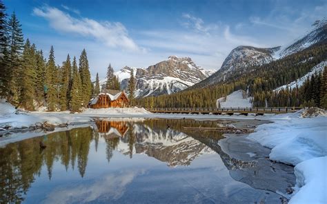 Nature Landscape Lake Cabin Winter Mountain Snow Reflection Forest