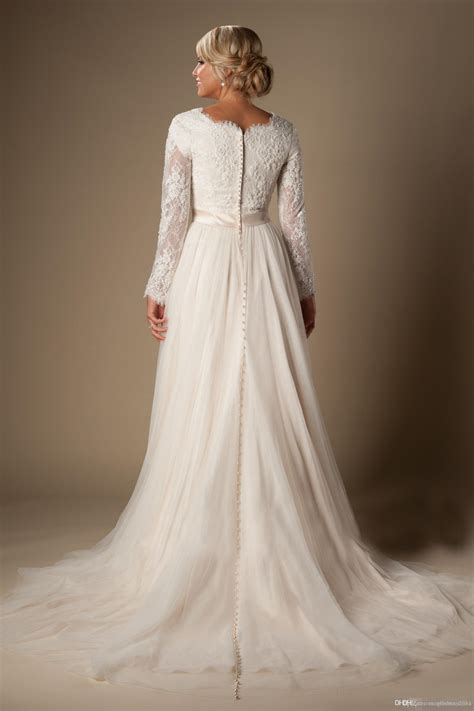 Check these beautiful wedding dresses in living color from the most recent wedding collections. Discount Modest A Line Lace Tulle Temple Wedding Dresses ...