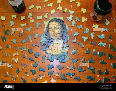 An Overhead View Of An Unfinished Mona Lisa Jigsaw Puzzle Stock Photo