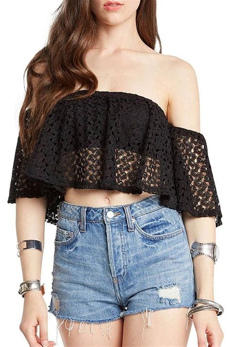 Womens Fashion Trendy Floral Lace Overlay Ruffle Off Shoulder Crop Top