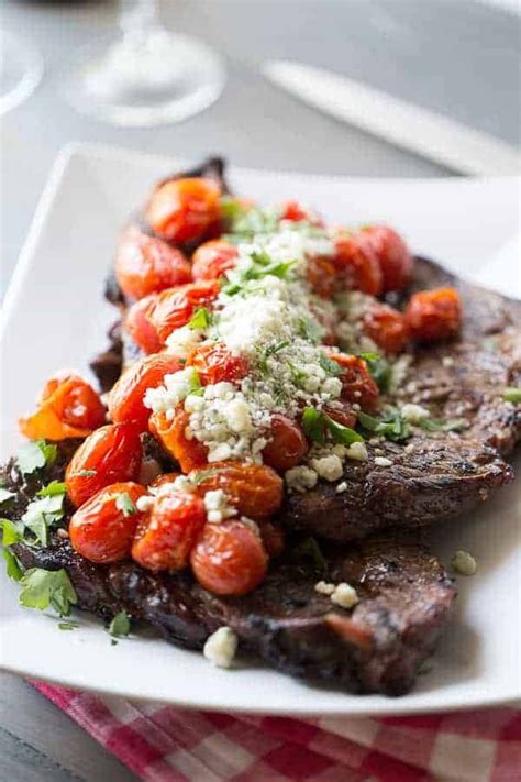Simple Grilled Sirloin Steak With Roasted Tomatoes And Blue Cheese