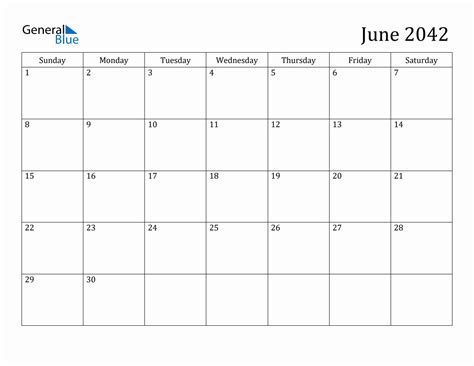 June 2042 Monthly Calendar