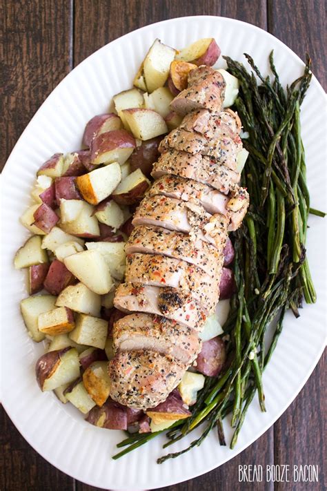 Sprinkle and rub 2/3 of olive oil and herb mixture over pork, turning to coat evenly. One Pan Pork Tenderloin with Asparagus & Potatoes • Bread ...