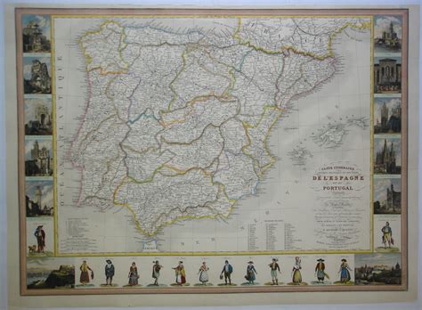 Mapa De España Y Portugal Del Siglo Xix Con Ilustraciones En Los