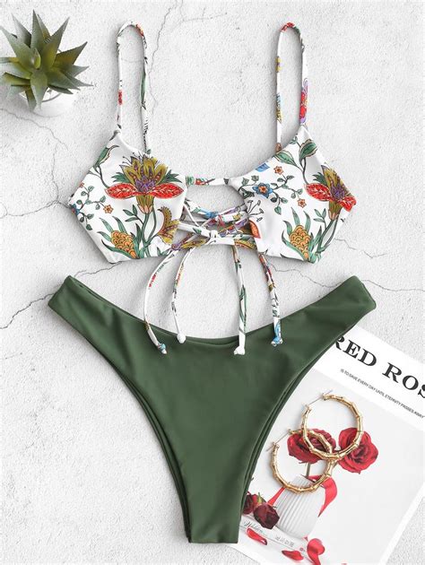 ZAFUL Flower Bralette High Leg Bikini Swimsuit HAZEL GREEN PEACOCK BLUE