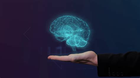 Digital Brain Hologram Appears Above Male Hand In Black Suit With Hud