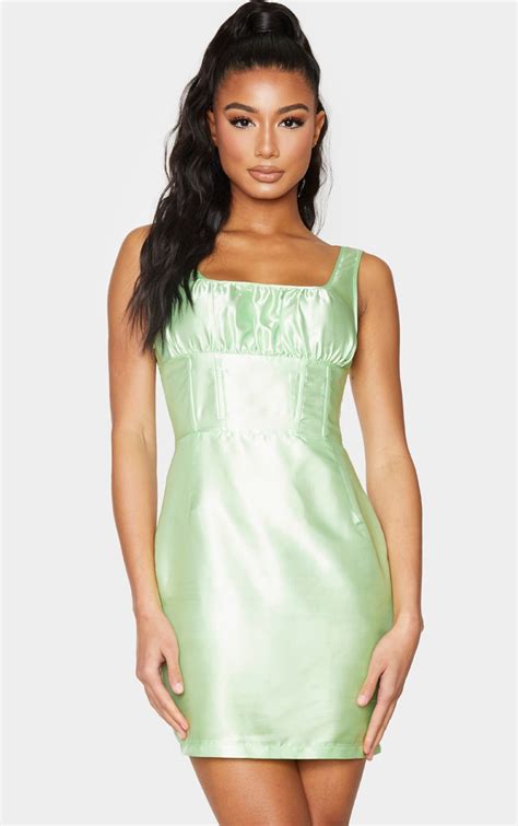 green satin sleeveless ruched bust bodycon dress prettylittlething