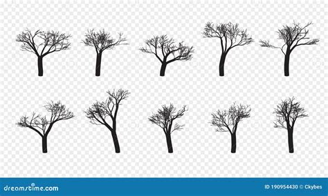 Naked Trees Silhouettes Set Hand Drawn Isolated Stock Vector