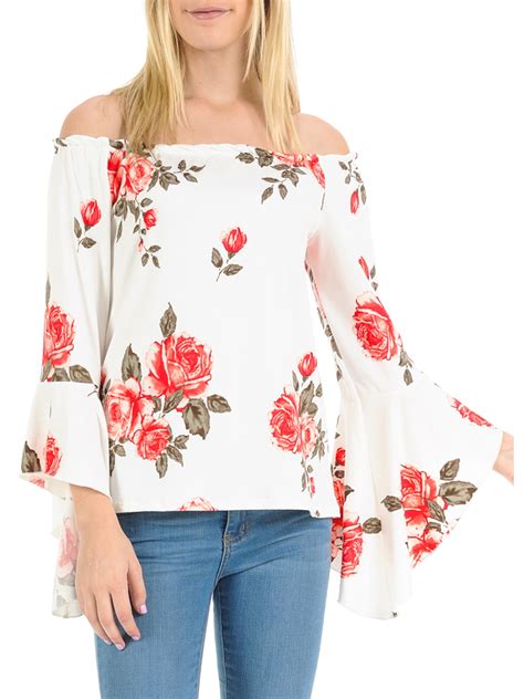 Basico Comfy Loose Fit Cold Off Shoulder Flower Ruffle Long Sleeve Tops
