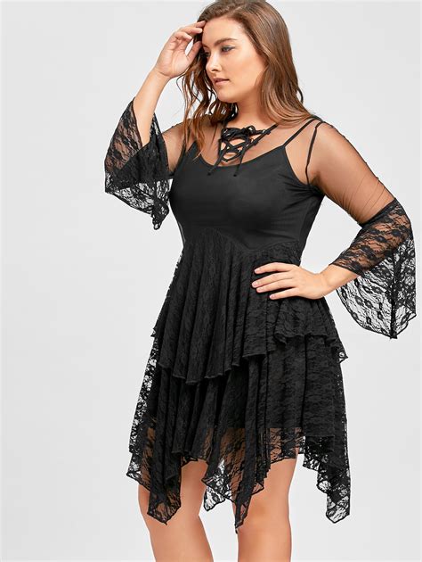 Buy Gamiss Plus Size Sexy Sheer Ruffles Tiered Lace Gothic Dress Female Solid